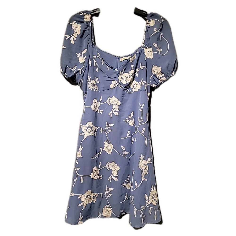Altar'd State Blue White Mini Babydoll Dress Floral Embroidered Sz LG Fairy